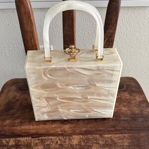 Elegant vintage Stylecraft lucite and mother of pearl handbag purse cream gold